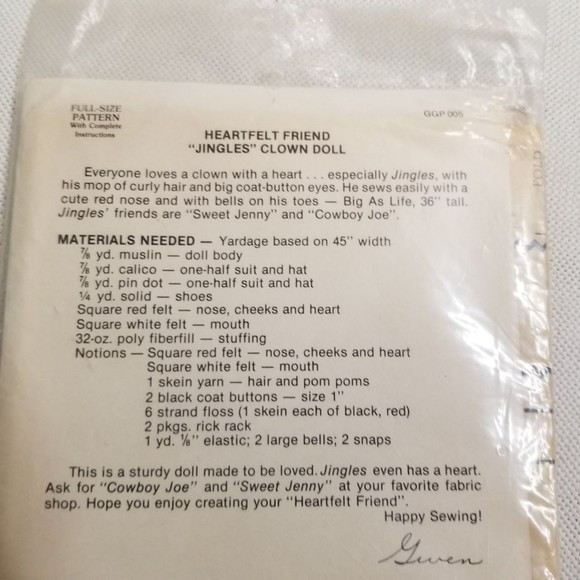 1979 The Gingham Goose Heartfelt Friends Jingles pattern. new unused Pat023 - Picture 5 of 6